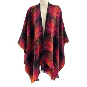 Chico's Plaid Blanket Shawl Fray‎ Trim Fringe Ruana Wrap Poncho Knit Sweater OS